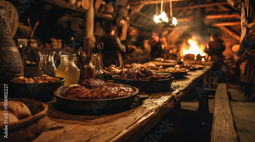 A Viking feast in a longhouse with wooden tables piled with roasted meat bread and jugs of mead.