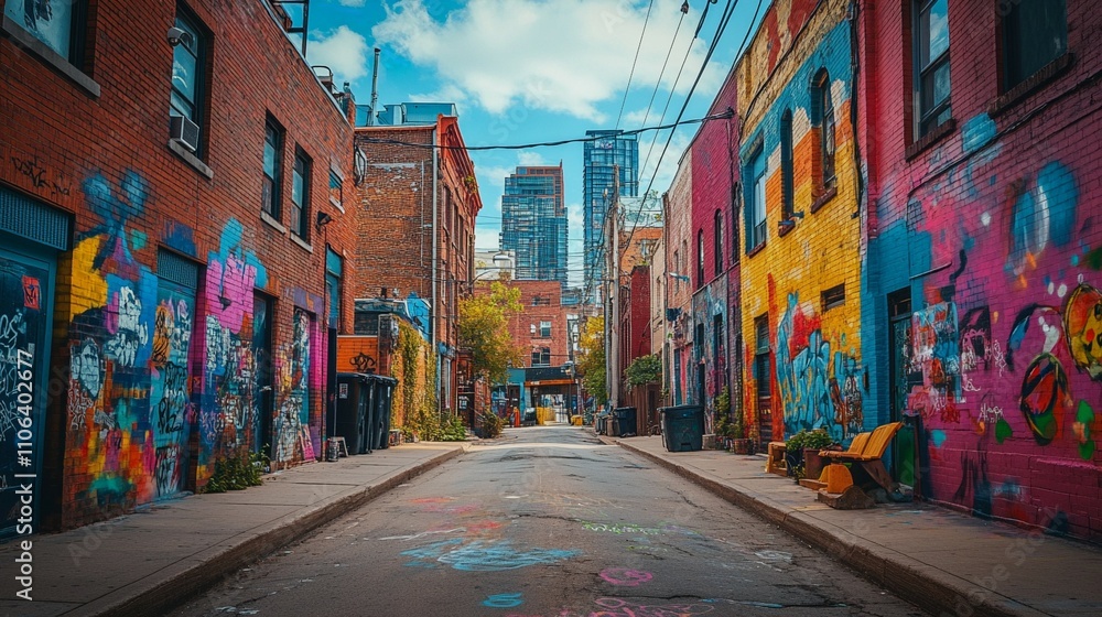 Fototapeta premium Vibrant urban alleyway with colorful murals and bright buildings, creating a lively atmosphere in a city.