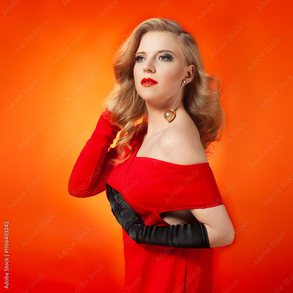 Glamorous Woman in Red Dress with Beauty Makeup Glamorous Woman in Red Dress with Beauty Makeup