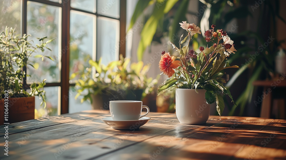 A peaceful scene with a cup of tea and a vase of flowers by a sunny window. A peaceful scene with a cup of tea and a vase of flowers by a sunny window.
