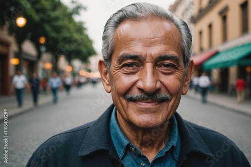 Close portrait of a smiling senior Mexican man looking at the camera, Mexican city outdoors blurred background