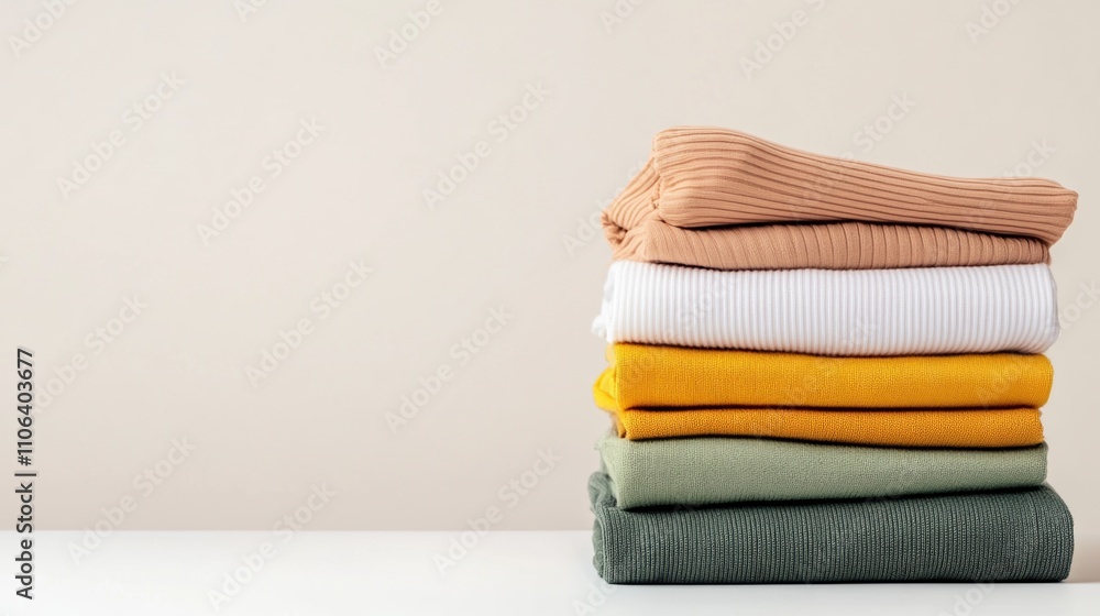 Neatly folded clothes in various colors stacked on a clean surface against a simple background Neatly folded clothes in various colors stacked on a clean surface against a simple background