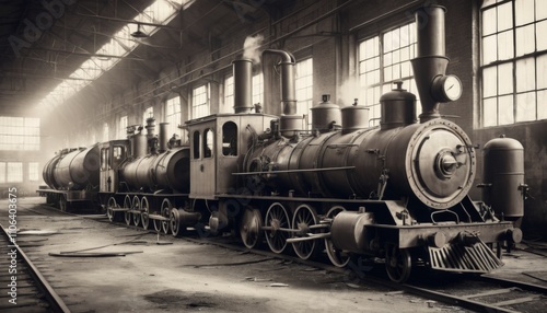 Old engine shed housing a vintage steam locomotive and tender releasing steam