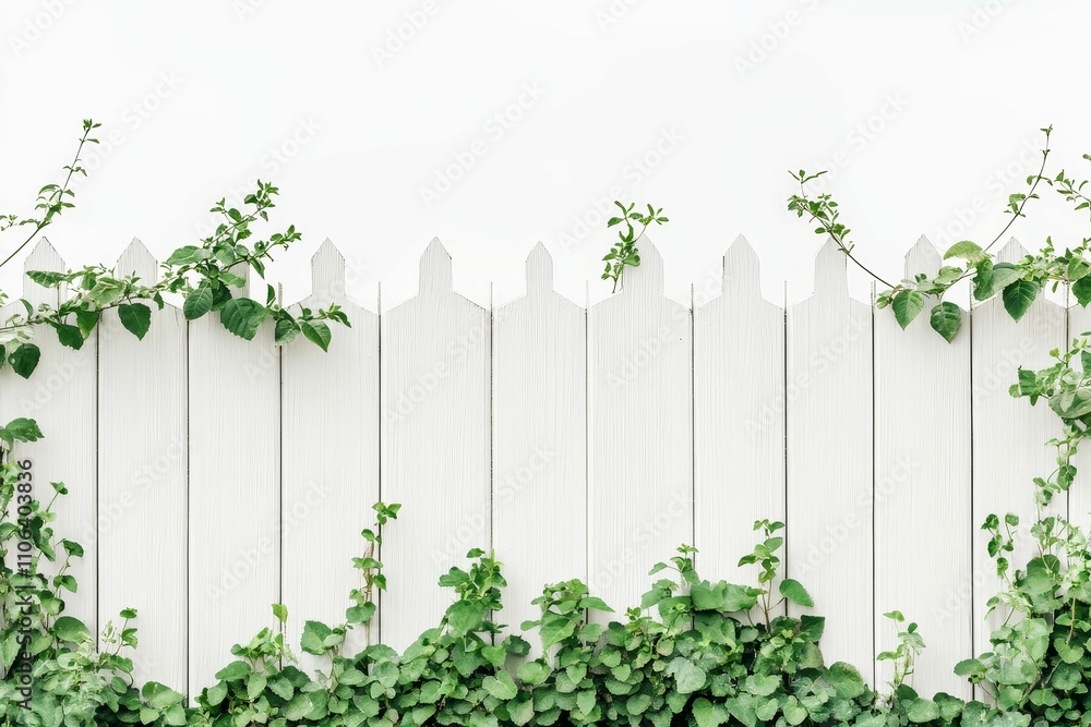 White fence, vibrant green vines, natural backdrop. White fence, vibrant green vines, natural backdrop.