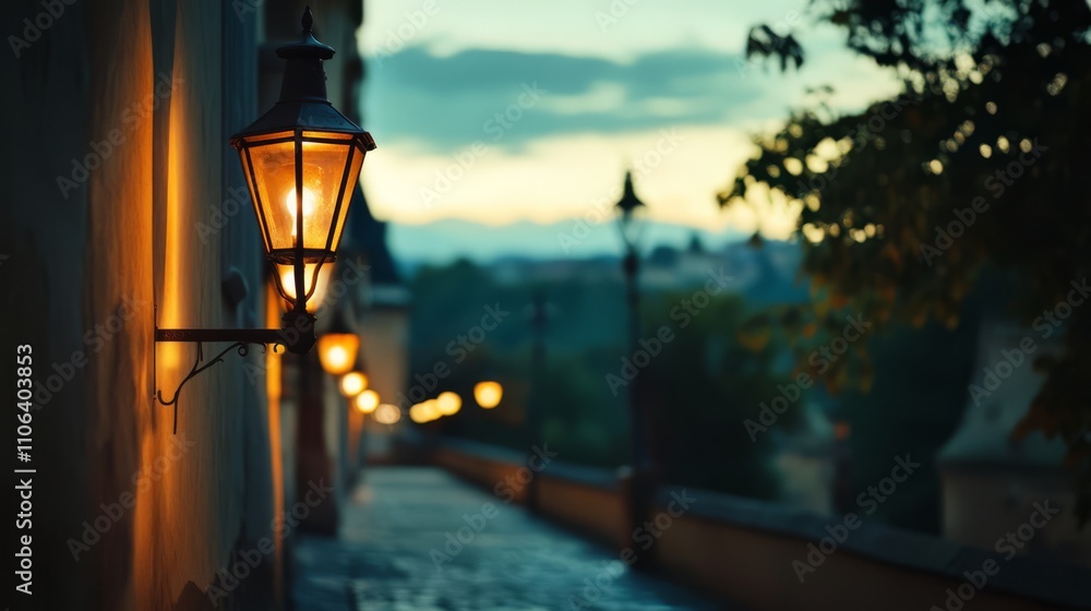 Illuminated pathway with antique lamps at dusk. Illuminated pathway with antique lamps at dusk.