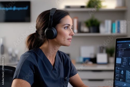 A dedicated medical professional, wearing headphones, is focused on their work and engaged in a digital environment, emphasizing modern healthcare practices and adaptability. photo