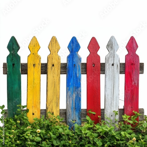 Colorful picket fence, weathered paint, green foliage. photo