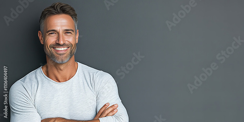 Confident middle aged man posing with casual elegance, wearing stylish eyewear and contemporary attire, ideal for business, personal branding, lifestyle concepts, and modern masculinity themes
