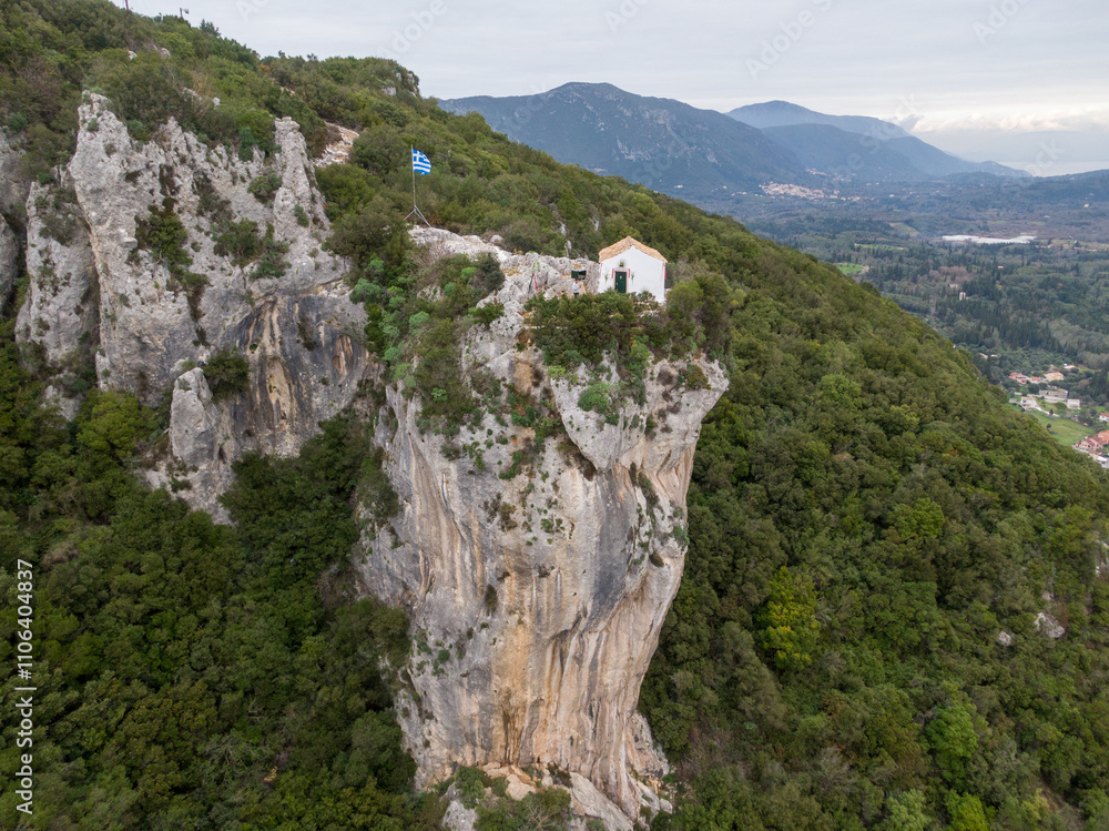 Aerial drone panoramic view of a little church on a cliff corfu island ,Greece , Europe Aerial drone panoramic view of a little church on a cliff corfu island ,Greece , Europe