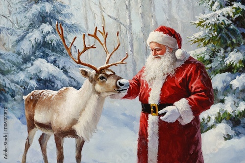 Santa in an oil painting, gently petting a reindeer surrounded by snow-covered pine trees, wearing his classic red suit, showing a kind, jolly expression in a winter landscape 3 photo