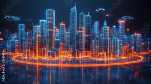 A futuristic cityscape with glowing buildings and flying vehicles, surrounded by a ring of light.