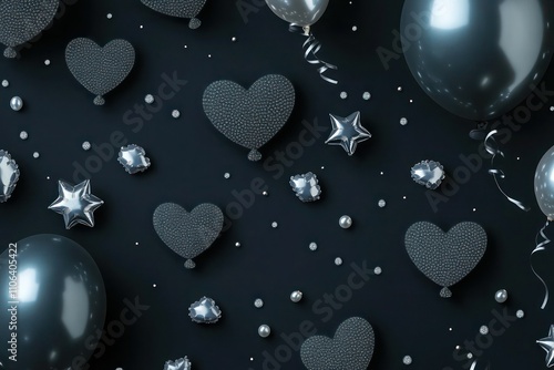 Dark navy with tiny diamond hearts, clusters of silver stars, and pearl-like balloons in soft, muted tones. photo