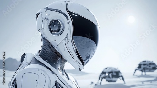 Futuristic Robot Exploring Icy Landscape with Advanced Technology and Distant Structures photo