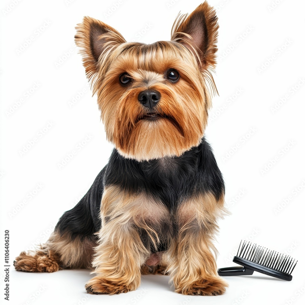 Small dog, long hair, grooming brush, white background. Small dog, long hair, grooming brush, white background.