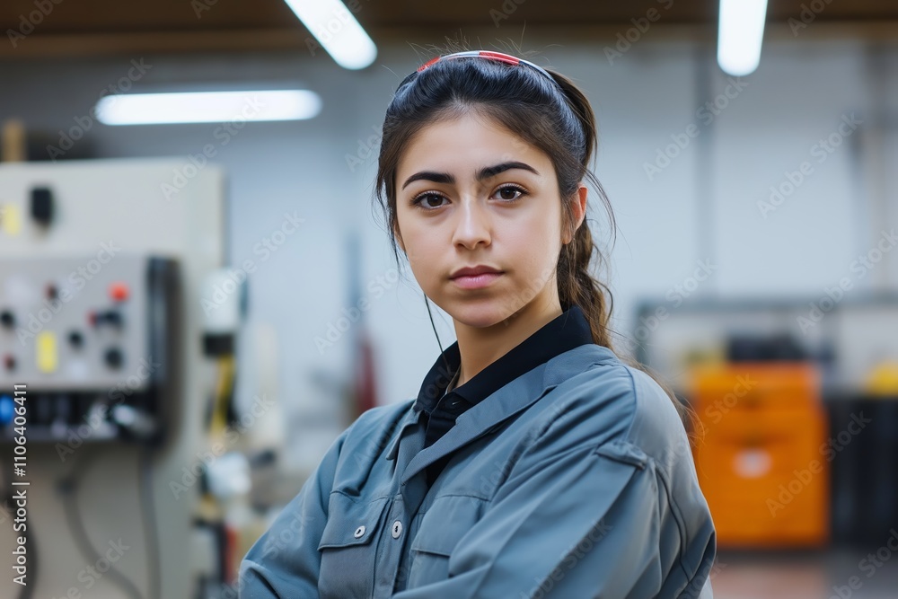 A professional female electrician stands in the foreground A professional female electrician stands in the foreground