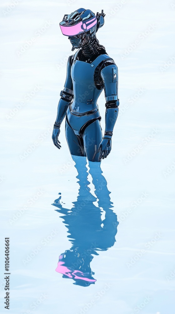 Futuristic Robot with VR Headset Standing in Reflective Water Under Bright Skies