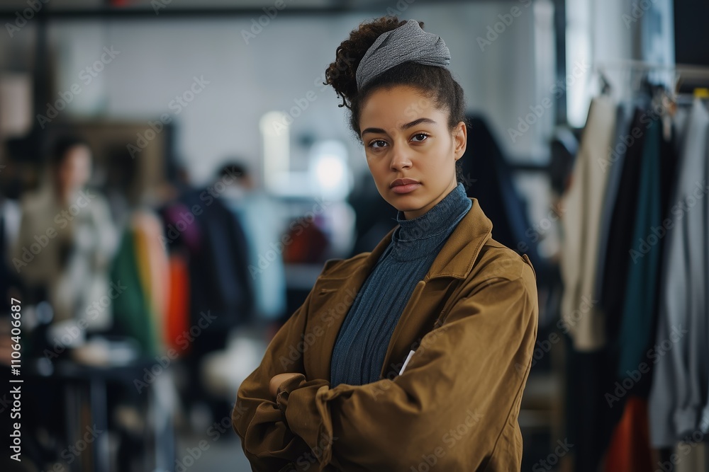 Fototapeta premium A professional female fashion designer stands in the foreground