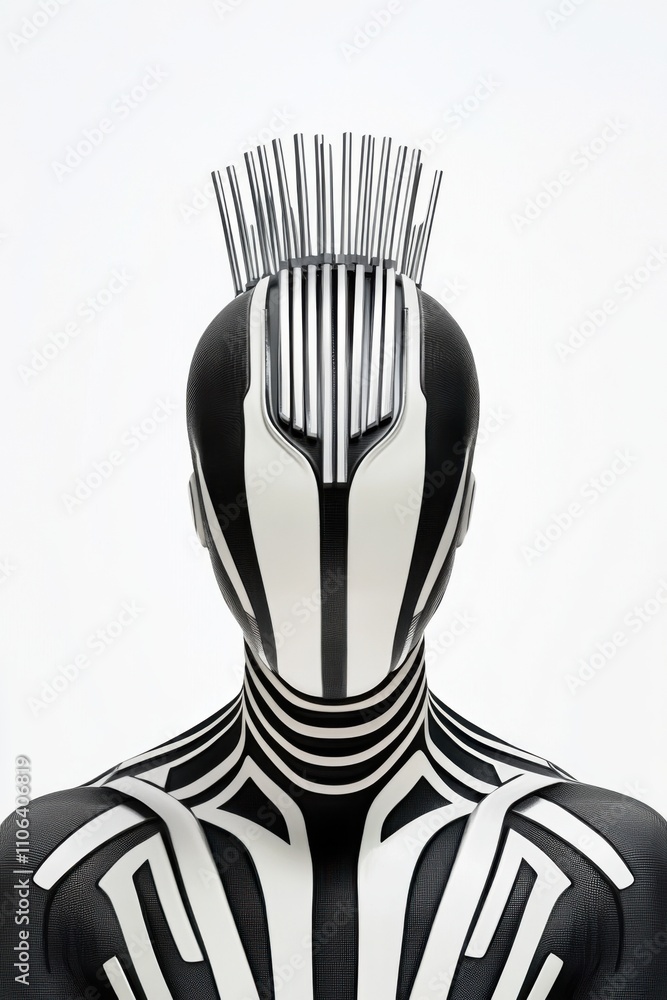 Futuristic Black and White Cybernetic Character with Spiked Headgear Futuristic Black and White Cybernetic Character with Spiked Headgear