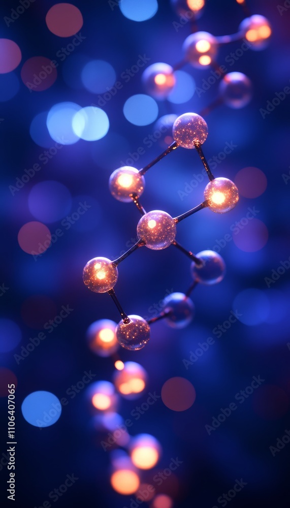 Molecular Structure, Connected Spheres on Purple and Blue Background, Science, Chemistry Research Molecular Structure, Connected Spheres on Purple and Blue Background, Science, Chemistry Research