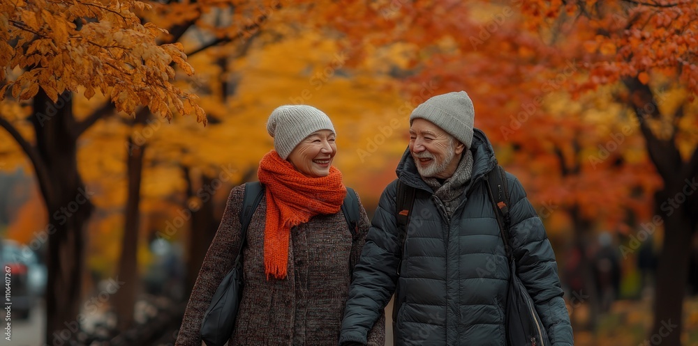 Autumn Stroll: An Elderly Couple Enjoying a Colorful Fall Day Autumn Stroll: An Elderly Couple Enjoying a Colorful Fall Day