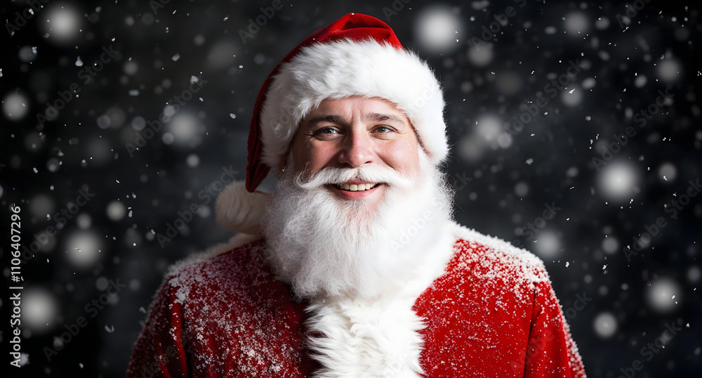 Santa Claus smiling joyfully in a snowy Christmas scene, surrounded by falling snowflakes and a festive winter wonderland. Perfect for holiday themes, seasonal greetings, and joyful celebrations. Santa Claus smiling joyfully in a snowy Christmas scene, surrounded by falling snowflakes and a festive winter wonderland. Perfect for holiday themes, seasonal greetings, and joyful celebrations.