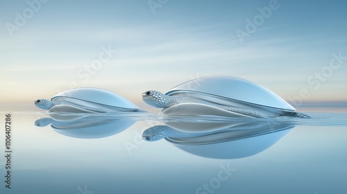 Futuristic Turtles with Transparent Shells on Mirror-Like Water Surface at Dawn photo