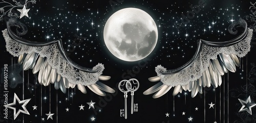 Ebony backdrop with a silver full moon, descending star shapes, twin key symbols, and soft lace-edged wings. photo