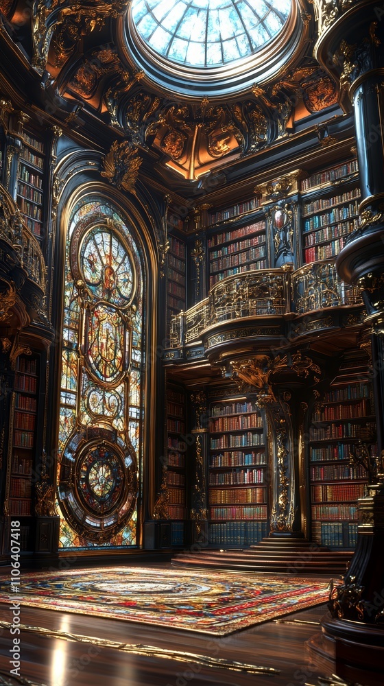 Obraz premium A grand library with ornate decor, a stained glass window, and a balcony overlooking a sea of books.