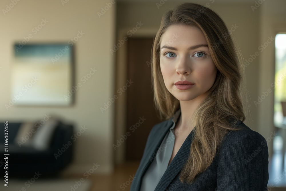 A professional female real estate agent stands in the foreground A professional female real estate agent stands in the foreground