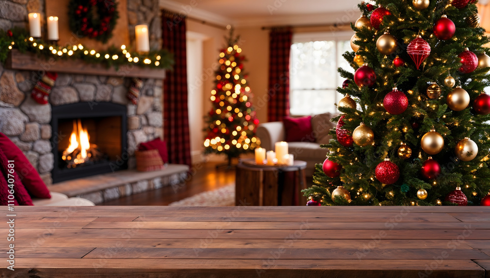 Holiday able with christmas tree and fireplace with copy space. Christmas table, free space. Holiday able with christmas tree and fireplace with copy space. Christmas table, free space.