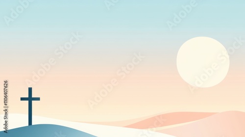 Minimalist Sunrise Landscape with Silhouette Cross on Rolling Hills photo