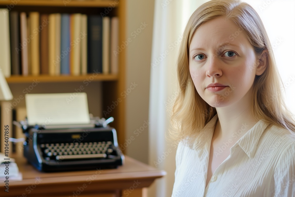 A professional female writer stands in the foreground A professional female writer stands in the foreground