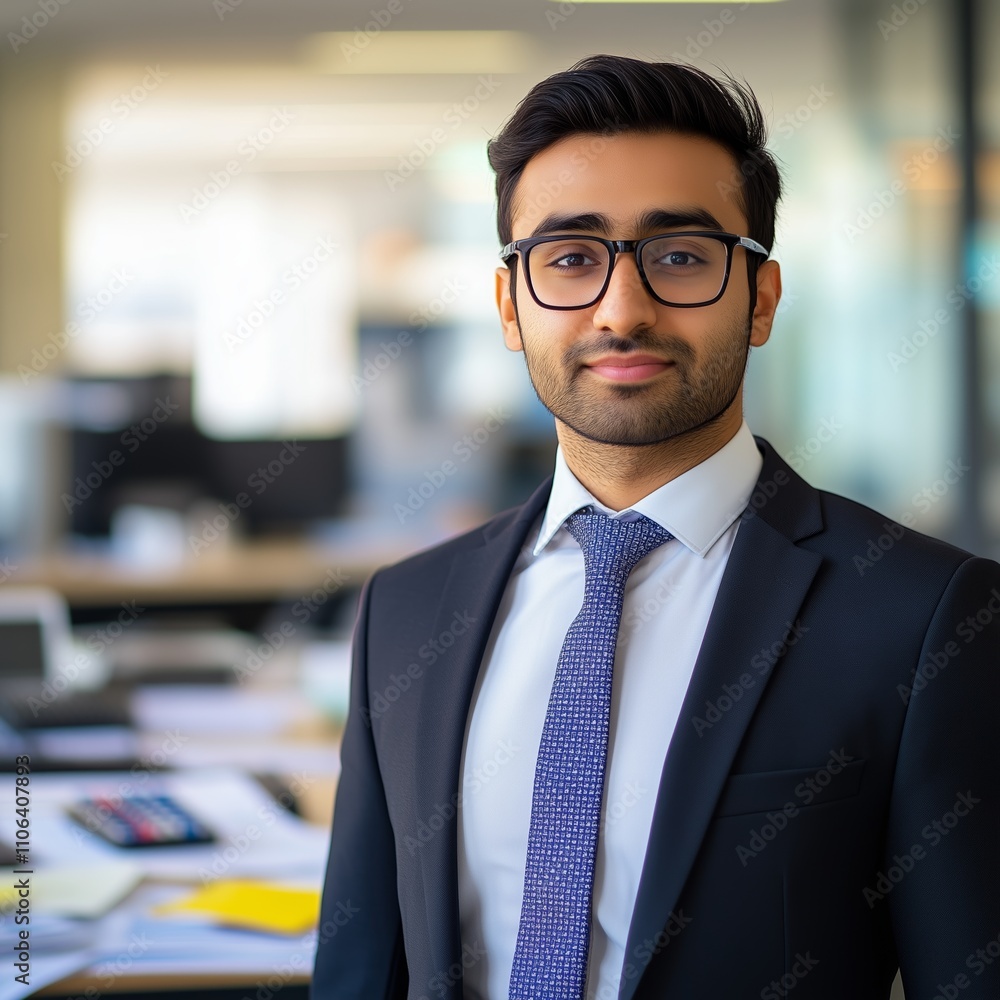 A professional male accountant stands in the foreground A professional male accountant stands in the foreground