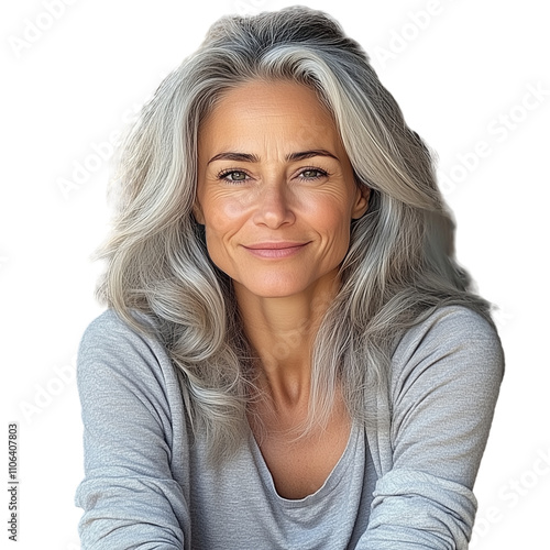 Close-up portrait of confident middle-aged woman with silver hair smiling brightly. Her glowing skin and joyful expression radiate vitality and beauty