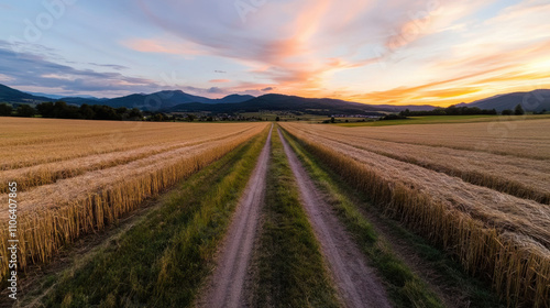 A narrow dirt road cutting through golden fields, the sky ablaze with the colors of sunset