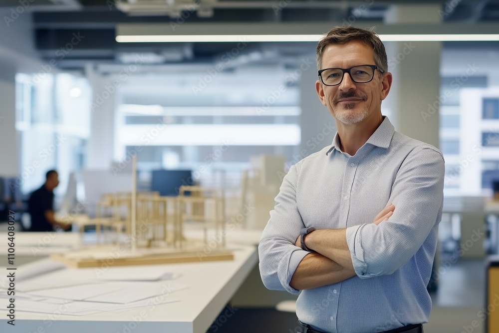 A professional male architect stands in the foreground A professional male architect stands in the foreground