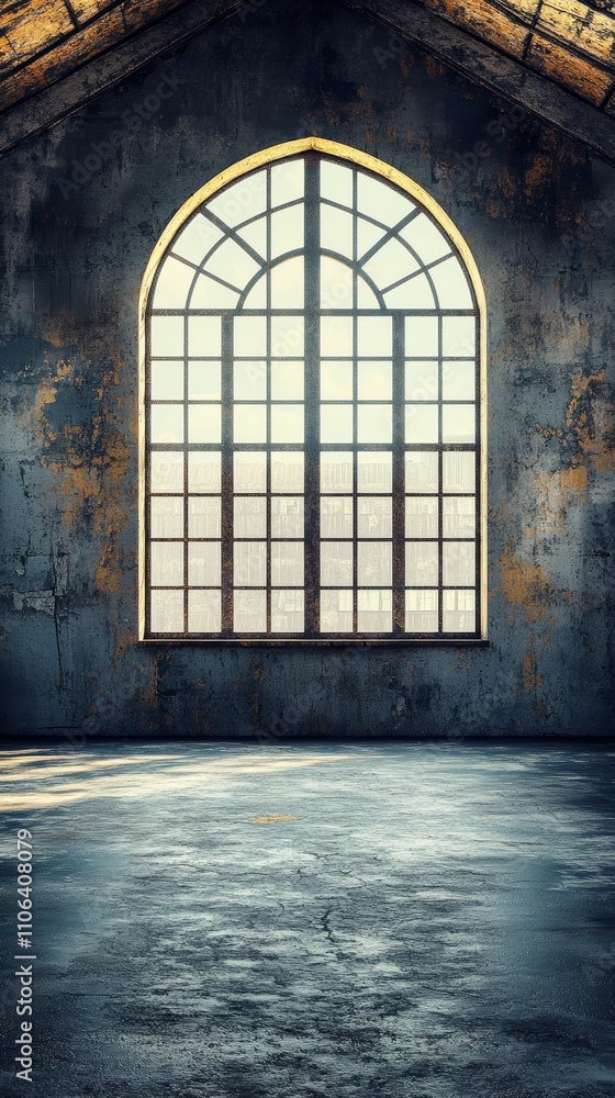 Fototapeta premium A large arched window in an industrial space. Sunlight streams through the glass panes illuminating the cracked concrete floor.
