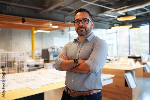 A professional male architect stands in the foreground