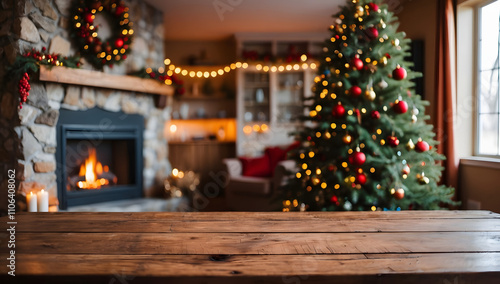 Holiday able with christmas tree and fireplace with copy space. Christmas table, free space. photo