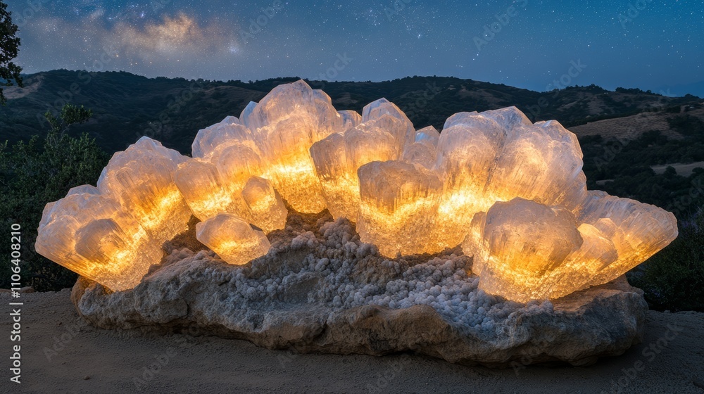 Obraz premium A large selenite crystal cluster glows with an ethereal light under a star-filled night sky.