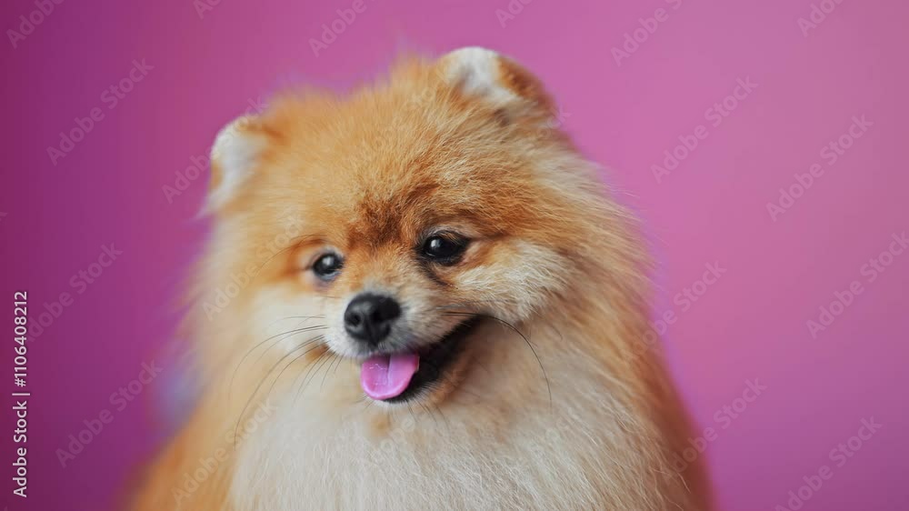 Funny Pomeranian Spitz with fluffy red fur in a grooming salon, slow motion 4K, pink background Funny Pomeranian Spitz with fluffy red fur in a grooming salon, slow motion 4K, pink background