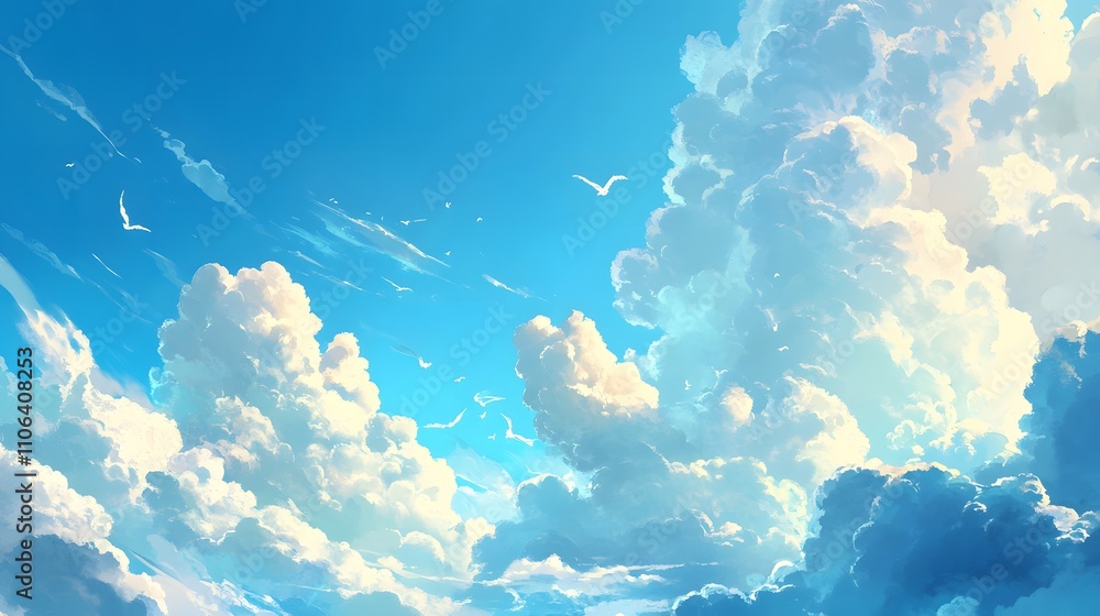 Vibrant blue sky with fluffy white clouds and birds. Vibrant blue sky with fluffy white clouds and birds.