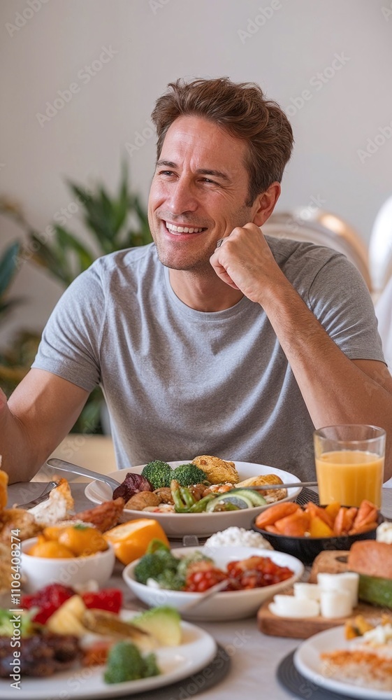 Smiling man enjoying a healthy breakfast with fresh fruits and vegetables at a bright dining table. Smiling man enjoying a healthy breakfast with fresh fruits and vegetables at a bright dining table.