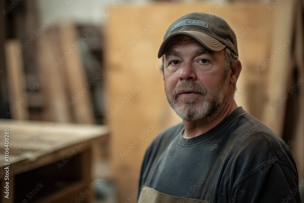 A professional male carpenter stands in the foreground A professional male carpenter stands in the foreground