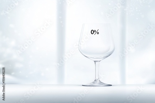 Empty Wine Glass with 0% Marking on Frosted Background Suggesting Alcohol-Free Concept photo