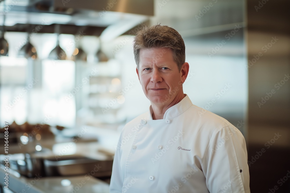 A professional male chef stands in the foreground A professional male chef stands in the foreground