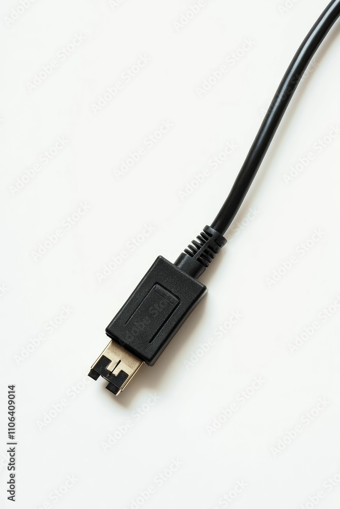 Black cable with rectangular connector on white background. Black cable with rectangular connector on white background.