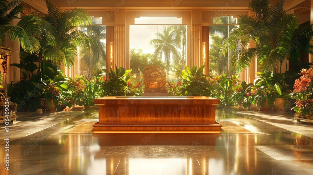 A large, luxurious wooden table sits in the center of a grand room with a view of a tropical garden. A large, luxurious wooden table sits in the center of a grand room with a view of a tropical garden.