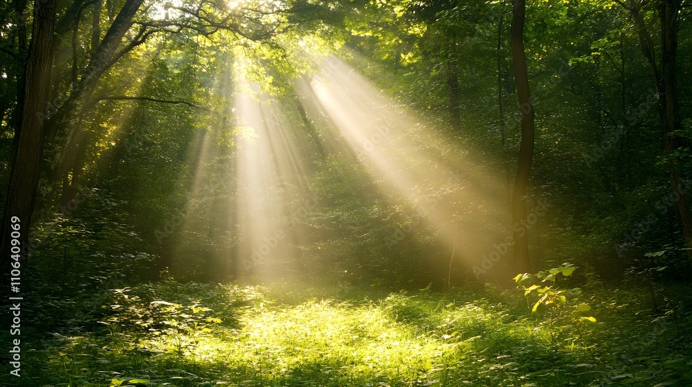 Sunbeams illuminating a lush green forest. Sunbeams illuminating a lush green forest.