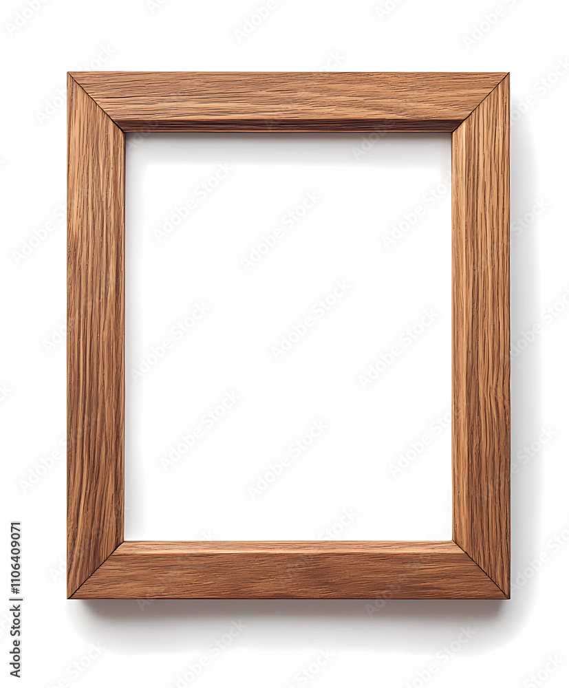 A simple wooden picture frame with visible wood grain, set against an isolated white background A simple wooden picture frame with visible wood grain, set against an isolated white background
